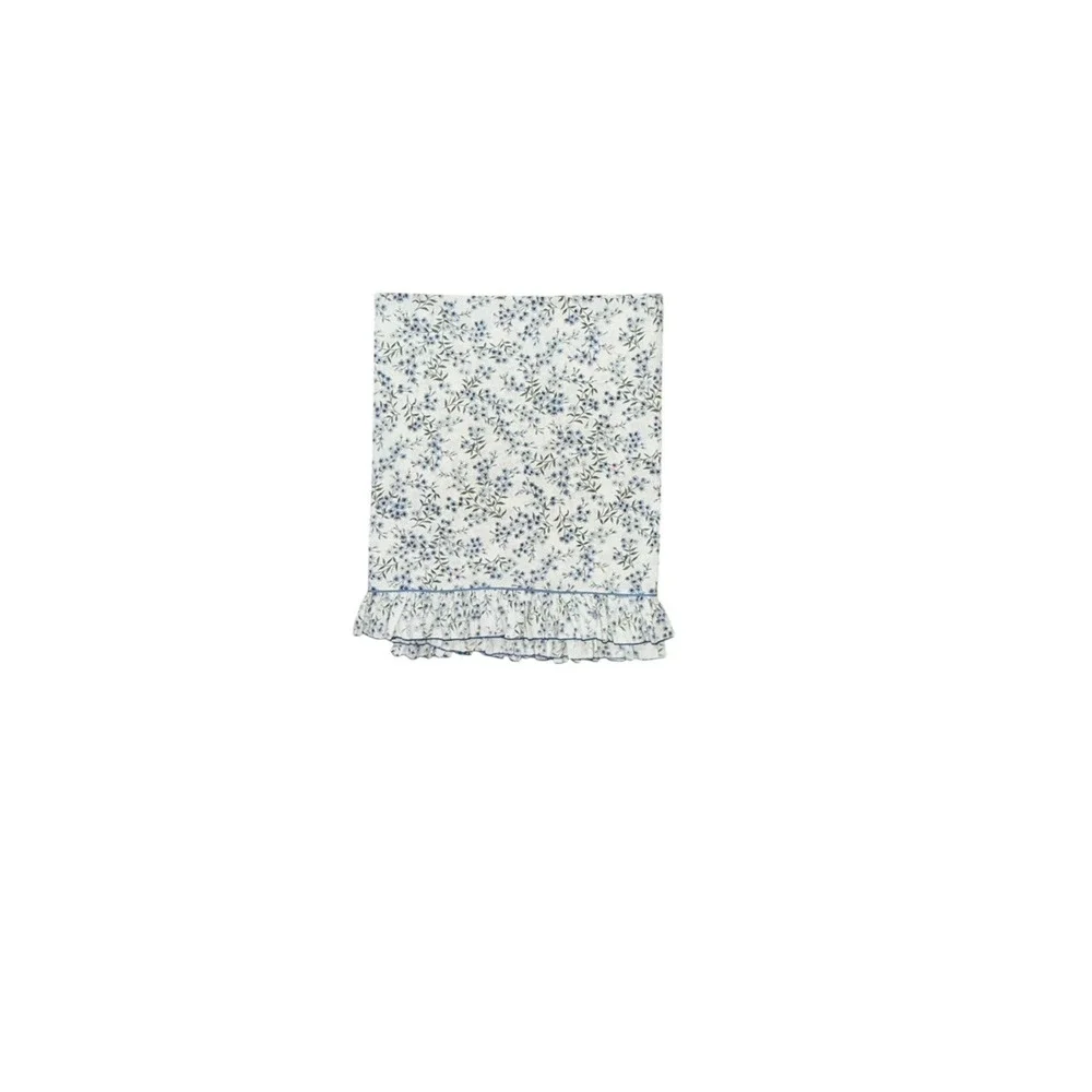 Cannon Vintage Floral Ruffled Flat Sheet Queen Size White Blue Green No Iron